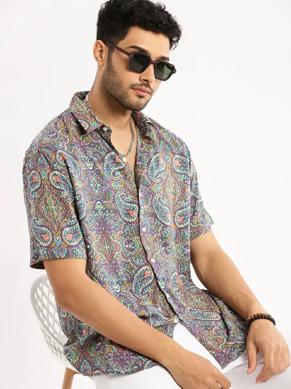 Men's Linen Blend Casual Shirts with Roll - Up Sleeves for a Summer Beach LookMen Multi Spread Collar Ethnic Motifs Shirt Men's Linen Blend Casual Shirts with Roll - Up Sleeves for a Summer Beach LookMen Multi Spread Collar Ethnic Motifs Shirt
