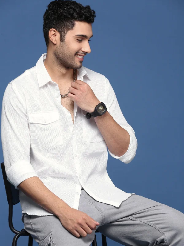 Plus Size Men's Striped Chambray Casual Shirts with a Spread Collar for a Preppy AppearanceMen Solid White Slim Fit Shirt Plus Size Men's Striped Chambray Casual Shirts with a Spread Collar for a Preppy AppearanceMen Solid White Slim Fit Shirt