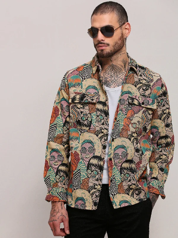 Men's Long - Line Oversized Casual Shirts in Dark Gray for a Relaxed and Modern LookMen Beige Graphic Shacket Men's Long - Line Oversized Casual Shirts in Dark Gray for a Relaxed and Modern LookMen Beige Graphic Shacket