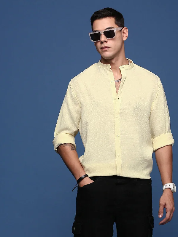 Plus Size Men's Plaid Flannel Casual Shirts in Earth Tones for a Cozy Fall OutfitMen Mandarin Collar Solid Yellow Slim Fit Shirt Plus Size Men's Plaid Flannel Casual Shirts in Earth Tones for a Cozy Fall OutfitMen Mandarin Collar Solid Yellow Slim Fit Shirt