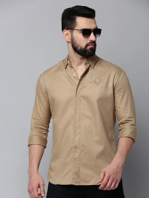 Men's Distressed Denim Casual Shirts with Frayed Edges for a Trendy and Rugged LookMen Khaki Solid Casual Shirt Men's Distressed Denim Casual Shirts with Frayed Edges for a Trendy and Rugged LookMen Khaki Solid Casual Shirt