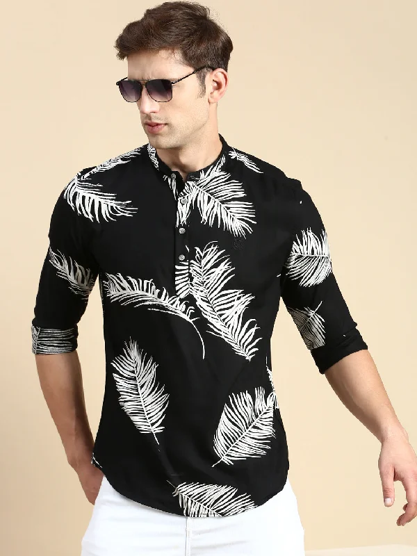 Men's Organic Cotton Casual Shirts with a Soft Handfeel for Everyday ComfortMen Mandarin Collar Printed Black Straight Shirt Men's Organic Cotton Casual Shirts with a Soft Handfeel for Everyday ComfortMen Mandarin Collar Printed Black Straight Shirt
