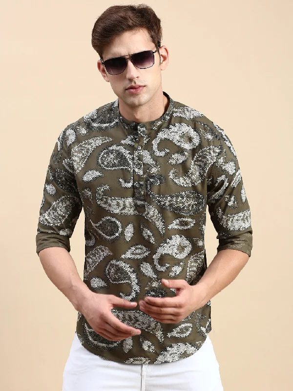 Men's Linen Blend Casual Shirts with Roll - Up Sleeves for a Summer Beach LookMen Mandarin Collar Printed Olive Straight Shirt Men's Linen Blend Casual Shirts with Roll - Up Sleeves for a Summer Beach LookMen Mandarin Collar Printed Olive Straight Shirt