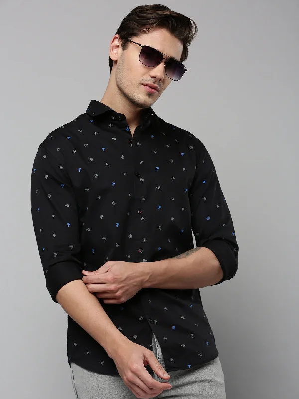 Plus Size Men's Striped Chambray Casual Shirts with a Spread Collar for a Preppy AppearanceMen Black Printed Casual Shirt Plus Size Men's Striped Chambray Casual Shirts with a Spread Collar for a Preppy AppearanceMen Black Printed Casual Shirt