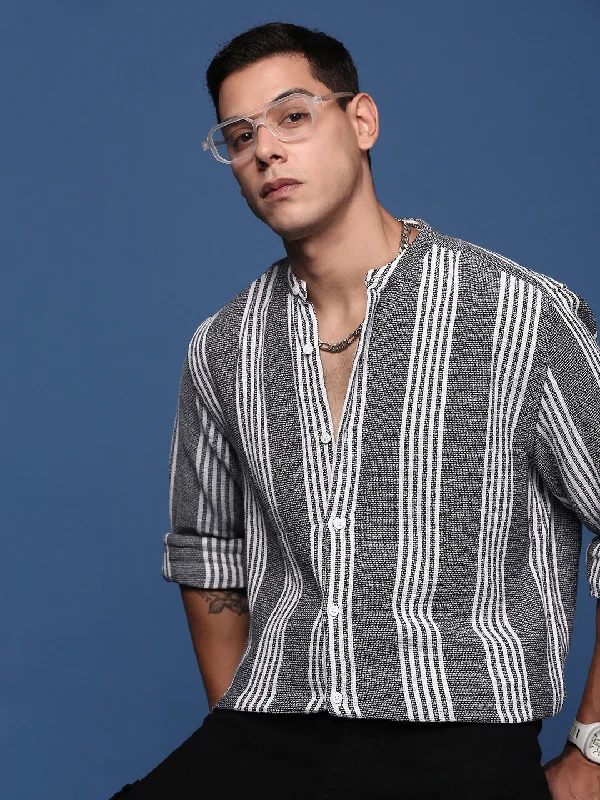 Men's Moisture - Wicking Performance Fabric Casual Shirts for Outdoor ActivitiesMen Mandarin Collar Striped Black Slim Fit Shirt Men's Moisture - Wicking Performance Fabric Casual Shirts for Outdoor ActivitiesMen Mandarin Collar Striped Black Slim Fit Shirt