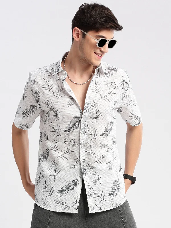 Men's Linen Blend Casual Shirts with Roll - Up Sleeves for a Summer Beach LookMen Spread Collar Floral White Casual Shirt Men's Linen Blend Casual Shirts with Roll - Up Sleeves for a Summer Beach LookMen Spread Collar Floral White Casual Shirt