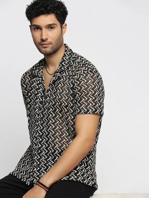 Men's Organic Cotton Casual Shirts with a Soft Handfeel for Everyday ComfortMen Black Cuban Collar Chevron Crochet Shirt Men's Organic Cotton Casual Shirts with a Soft Handfeel for Everyday ComfortMen Black Cuban Collar Chevron Crochet Shirt