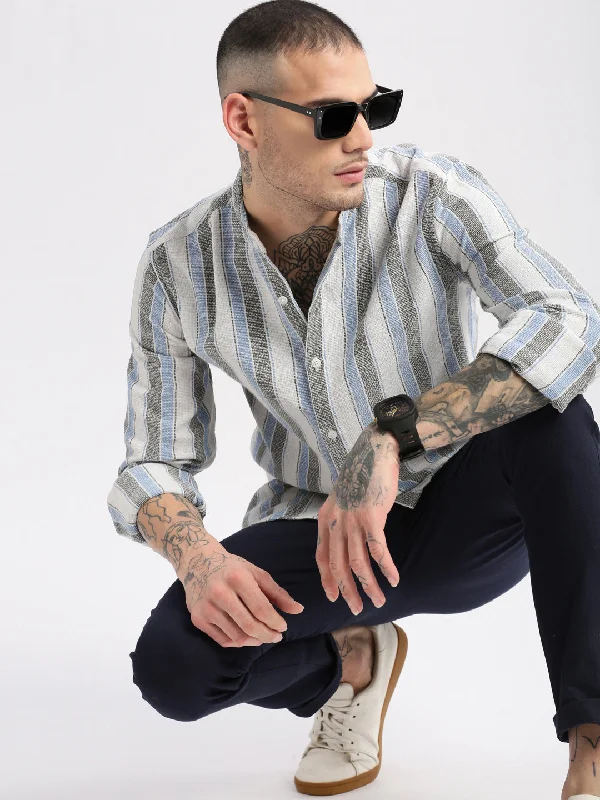 Men's Moisture - Wicking Performance Fabric Casual Shirts for Outdoor ActivitiesMen Mandarin Collar Vertical Stripes White Casual Shirt Men's Moisture - Wicking Performance Fabric Casual Shirts for Outdoor ActivitiesMen Mandarin Collar Vertical Stripes White Casual Shirt