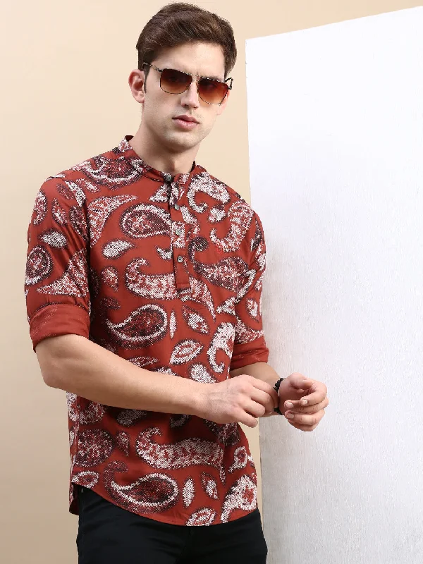 Men's Moisture - Wicking Performance Fabric Casual Shirts for Outdoor ActivitiesMen Mandarin Collar Printed Brown Straight Shirt Men's Moisture - Wicking Performance Fabric Casual Shirts for Outdoor ActivitiesMen Mandarin Collar Printed Brown Straight Shirt