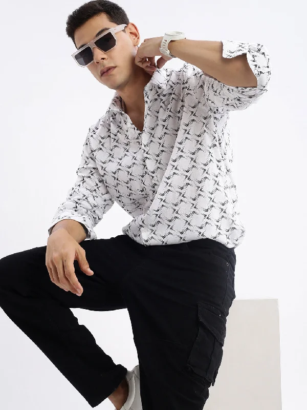 Men's Embroidered Detail Casual Shirts in Beige for a Touch of EleganceMen Spread Collar Printed Slim Fit White Shirt Men's Embroidered Detail Casual Shirts in Beige for a Touch of EleganceMen Spread Collar Printed Slim Fit White Shirt