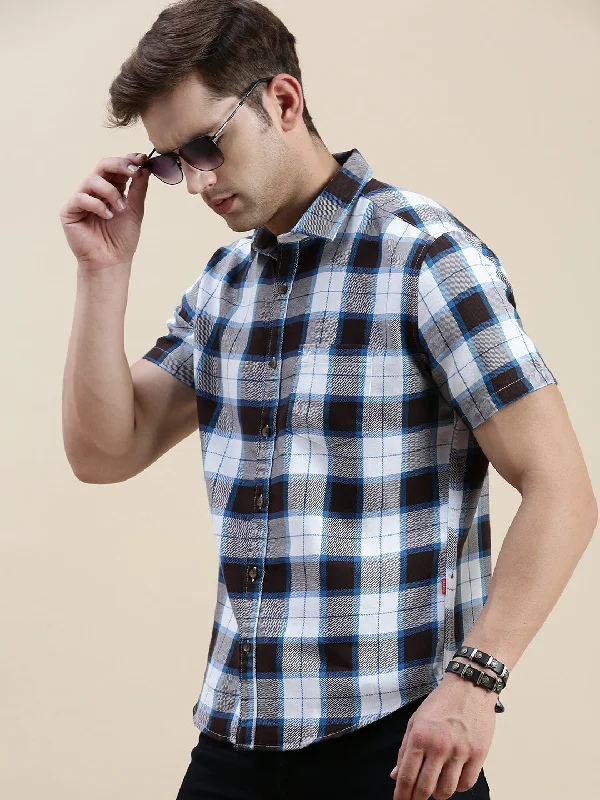Men's Embroidered Detail Casual Shirts in Beige for a Touch of EleganceMen Spread Collar Checked Multi Shirt Men's Embroidered Detail Casual Shirts in Beige for a Touch of EleganceMen Spread Collar Checked Multi Shirt