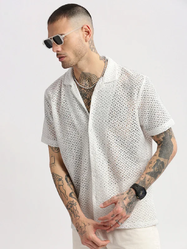 Men's Organic Cotton Casual Shirts with a Soft Handfeel for Everyday ComfortMen Cuban Collar Solid White Crochet Shirt Men's Organic Cotton Casual Shirts with a Soft Handfeel for Everyday ComfortMen Cuban Collar Solid White Crochet Shirt
