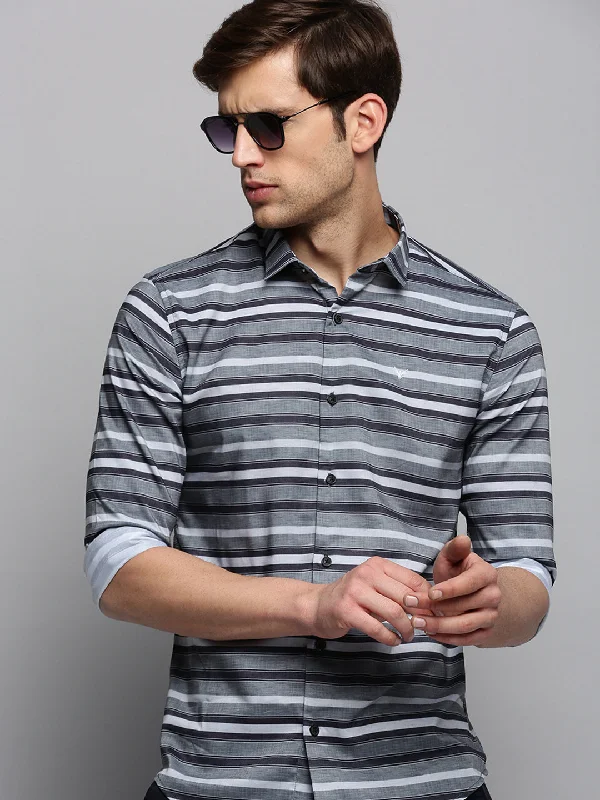 Men's Linen Blend Casual Shirts with Roll - Up Sleeves for a Summer Beach LookMen Grey Striped Casual Shirt Men's Linen Blend Casual Shirts with Roll - Up Sleeves for a Summer Beach LookMen Grey Striped Casual Shirt