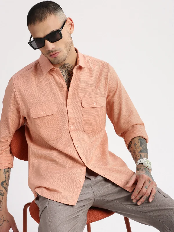 Men's Two - Tone Contrast Panel Casual Shirts in White and Navy for a Stylish and Eye - Catching DesignMen Spread Collar Solid Peach Casual Shirt Men's Two - Tone Contrast Panel Casual Shirts in White and Navy for a Stylish and Eye - Catching DesignMen Spread Collar Solid Peach Casual Shirt