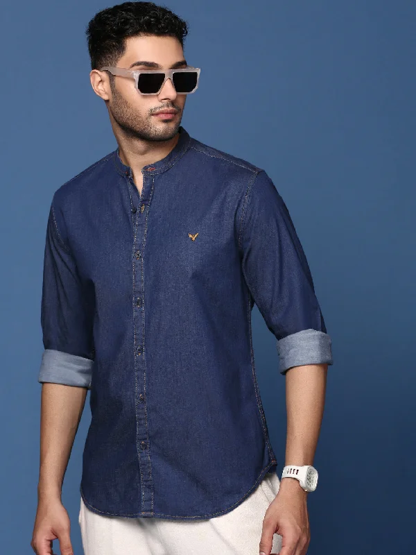 Men's Wrinkle - Resistant Polyester Blend Casual Shirts for Easy Travel and MaintenanceMen Mandarin Collar Solid Navy Blue Slim Fit Shirt Men's Wrinkle - Resistant Polyester Blend Casual Shirts for Easy Travel and MaintenanceMen Mandarin Collar Solid Navy Blue Slim Fit Shirt