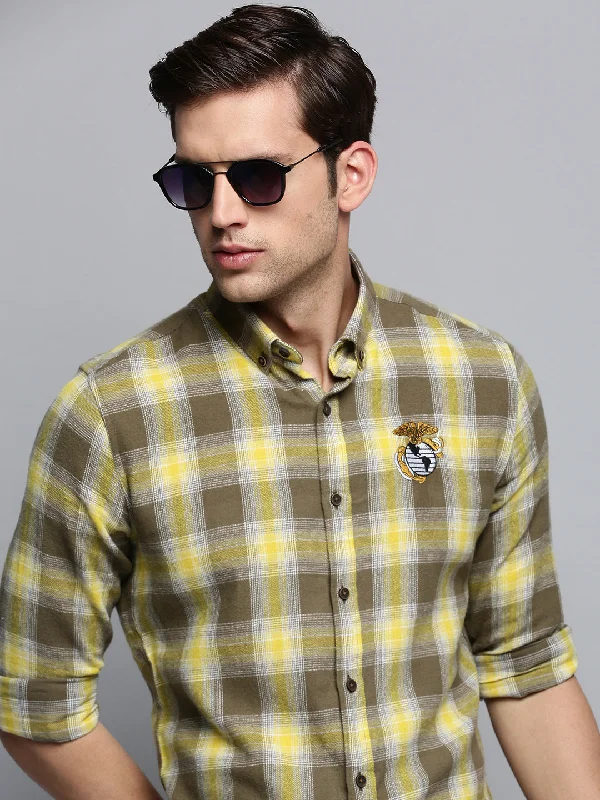 Men's Embroidered Detail Casual Shirts in Beige for a Touch of EleganceMen Green Checked Casual Shirt Men's Embroidered Detail Casual Shirts in Beige for a Touch of EleganceMen Green Checked Casual Shirt