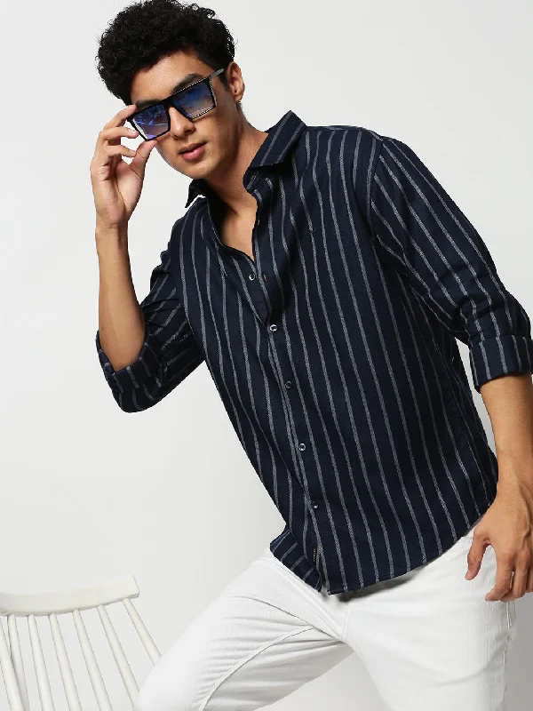 Men's Two - Tone Contrast Panel Casual Shirts in White and Navy for a Stylish and Eye - Catching DesignMen Navy Striped Casual Casual Shirts Men's Two - Tone Contrast Panel Casual Shirts in White and Navy for a Stylish and Eye - Catching DesignMen Navy Striped Casual Casual Shirts