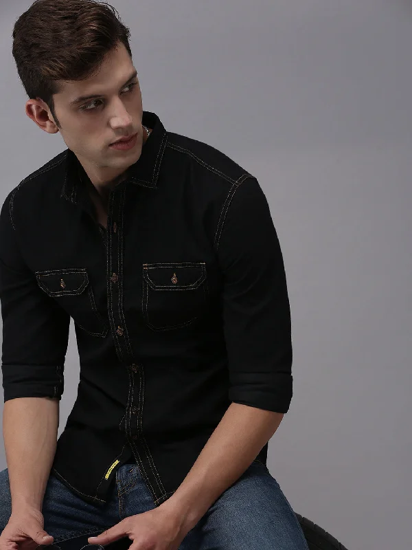 Men's Thermal - Lined Casual Shirts in Black for Added Warmth in Cold WeatherMen Black Solid Casual Shirt Men's Thermal - Lined Casual Shirts in Black for Added Warmth in Cold WeatherMen Black Solid Casual Shirt