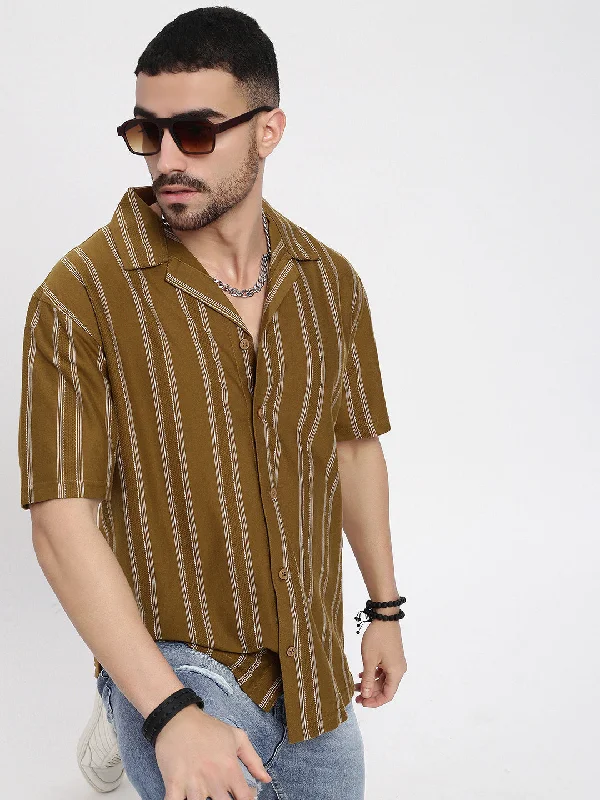 Plus Size Men's Plaid Flannel Casual Shirts in Earth Tones for a Cozy Fall OutfitMen Olive Cuban Collar Striped Shirt Plus Size Men's Plaid Flannel Casual Shirts in Earth Tones for a Cozy Fall OutfitMen Olive Cuban Collar Striped Shirt