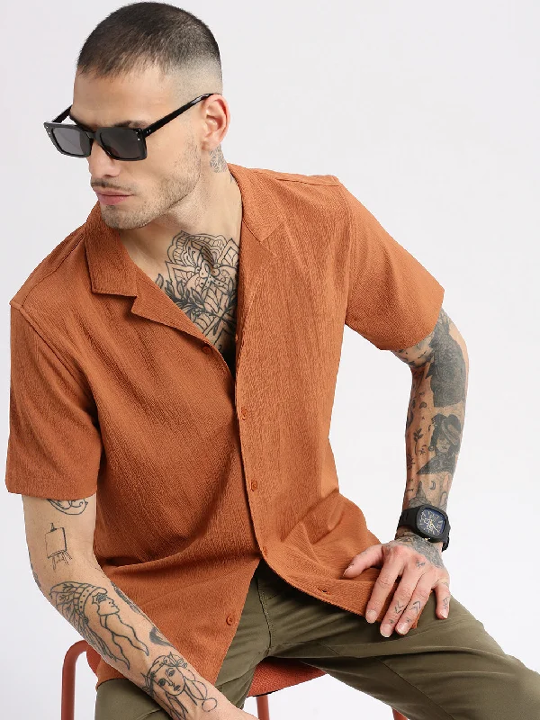 Men's Wrinkle - Resistant Polyester Blend Casual Shirts for Easy Travel and MaintenanceMen Cuban Collar Solid Rust Casual Shirt Men's Wrinkle - Resistant Polyester Blend Casual Shirts for Easy Travel and MaintenanceMen Cuban Collar Solid Rust Casual Shirt