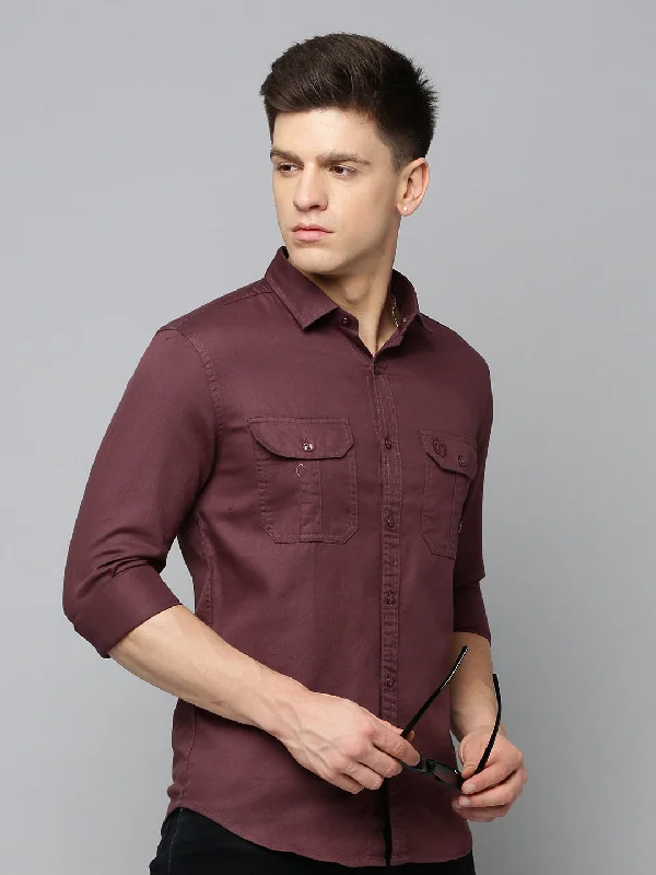 Plus Size Men's Striped Chambray Casual Shirts with a Spread Collar for a Preppy AppearanceMen Maroon Solid Casual Shirt Plus Size Men's Striped Chambray Casual Shirts with a Spread Collar for a Preppy AppearanceMen Maroon Solid Casual Shirt