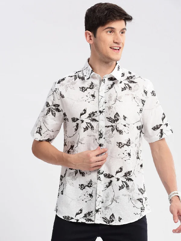 Men's Button - Down Oxford Casual Shirts in Crisp White for a Classic and Versatile StyleMen Spread Collar Floral White Casual Shirt Men's Button - Down Oxford Casual Shirts in Crisp White for a Classic and Versatile StyleMen Spread Collar Floral White Casual Shirt