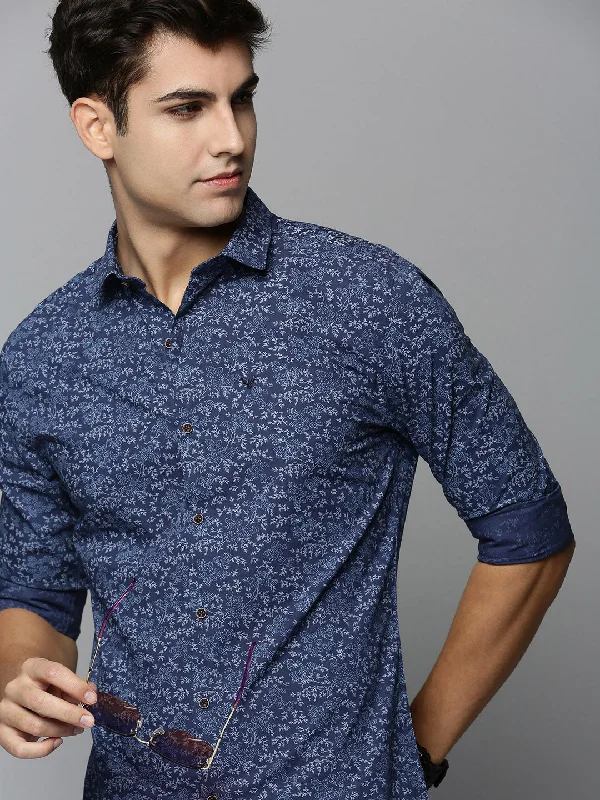 Men's Linen Blend Casual Shirts with Roll - Up Sleeves for a Summer Beach LookMen Navy Printed Casual Shirt Men's Linen Blend Casual Shirts with Roll - Up Sleeves for a Summer Beach LookMen Navy Printed Casual Shirt