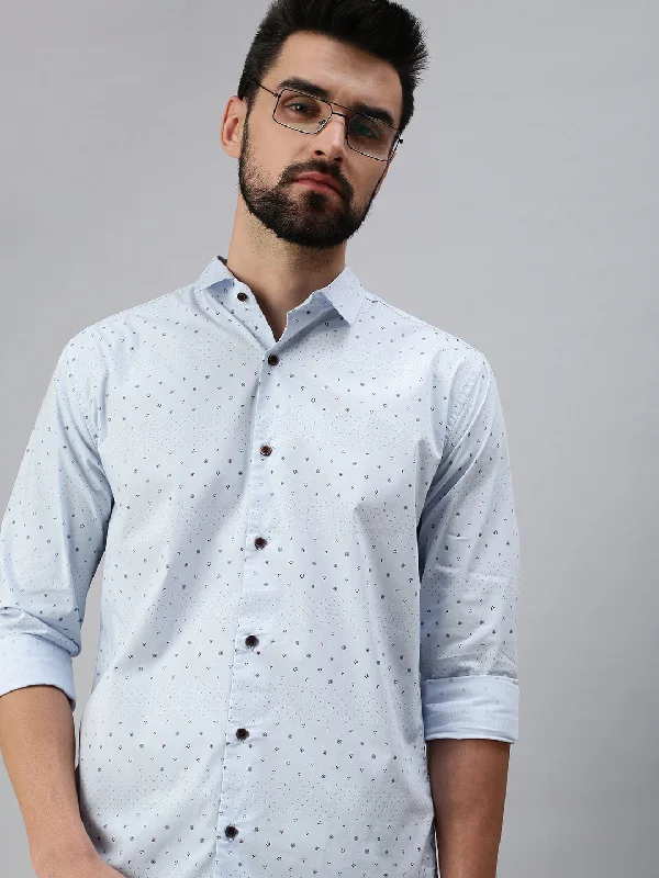 Men's Button - Down Oxford Casual Shirts in Crisp White for a Classic and Versatile StyleMen Spread Collar Printed Blue Shirt Men's Button - Down Oxford Casual Shirts in Crisp White for a Classic and Versatile StyleMen Spread Collar Printed Blue Shirt