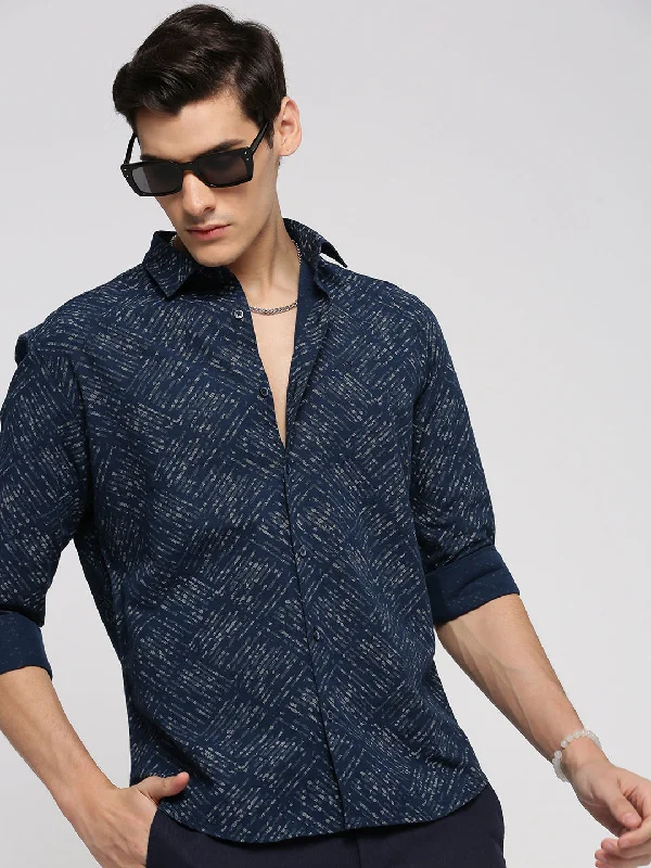 Men's Button - Down Oxford Casual Shirts in Crisp White for a Classic and Versatile StyleMen Navy Blue Spread Collar Geometric Shirt Men's Button - Down Oxford Casual Shirts in Crisp White for a Classic and Versatile StyleMen Navy Blue Spread Collar Geometric Shirt