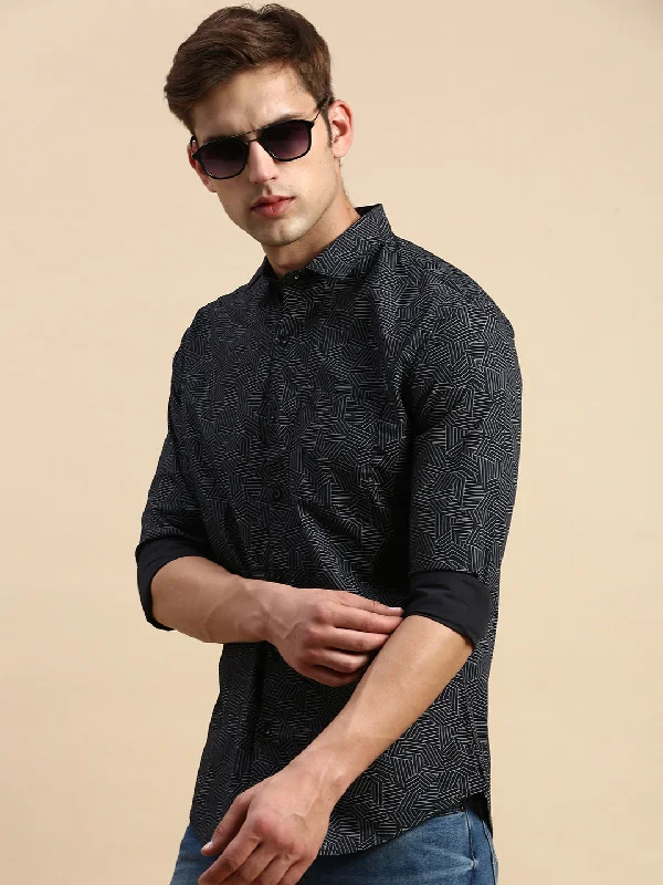 Men's Stretch - Fabric Casual Shirts in Navy Blue for a Comfortable and Flexible FitMen Black Printed Casual Shirt Men's Stretch - Fabric Casual Shirts in Navy Blue for a Comfortable and Flexible FitMen Black Printed Casual Shirt