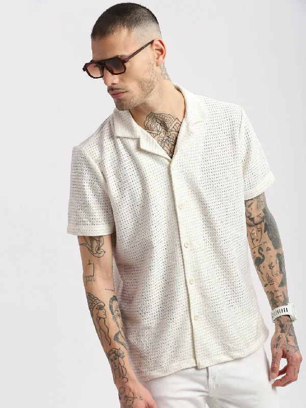 Men's Embroidered Detail Casual Shirts in Beige for a Touch of EleganceMen Cuban Collar Solid Cream Crochet Shirt Men's Embroidered Detail Casual Shirts in Beige for a Touch of EleganceMen Cuban Collar Solid Cream Crochet Shirt
