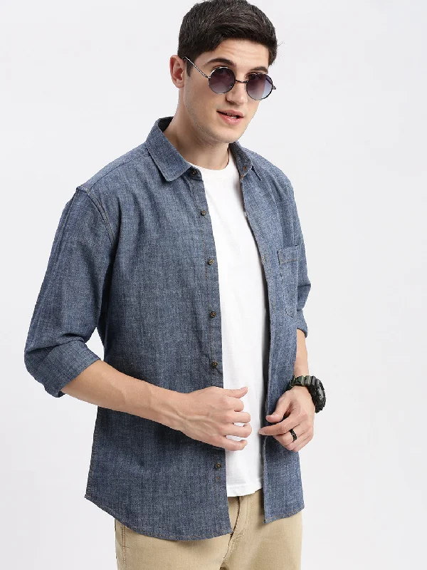 Men's Stretch - Fabric Casual Shirts in Navy Blue for a Comfortable and Flexible FitMen Spread Collar Solid Blue Shirt Men's Stretch - Fabric Casual Shirts in Navy Blue for a Comfortable and Flexible FitMen Spread Collar Solid Blue Shirt