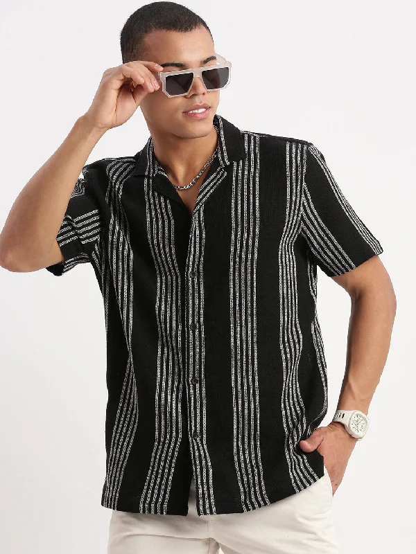 Men's Shearling - Lined Collar Casual Shirts in Brown for a Rustic and Warm AppealMen Cuban Collar Vertical Stripes Black Shirt