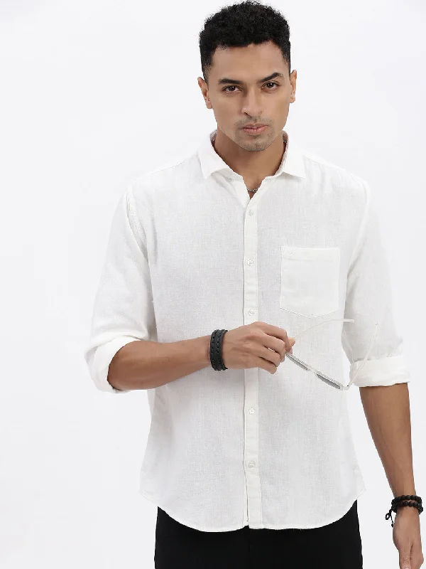Men's Linen Blend Casual Shirts with Roll - Up Sleeves for a Summer Beach LookMen White Solid Slim Fit Shirt Men's Linen Blend Casual Shirts with Roll - Up Sleeves for a Summer Beach LookMen White Solid Slim Fit Shirt