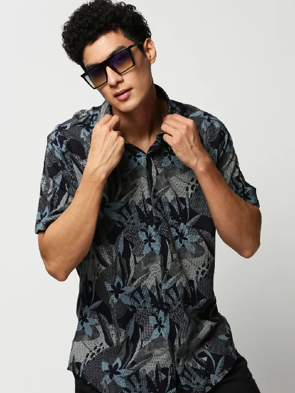 Men's Stretch - Fabric Casual Shirts in Navy Blue for a Comfortable and Flexible FitMen Navy Floral Casual Casual Shirts Men's Stretch - Fabric Casual Shirts in Navy Blue for a Comfortable and Flexible FitMen Navy Floral Casual Casual Shirts