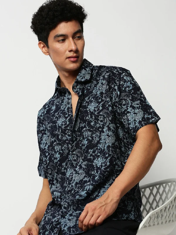 Men's Linen Blend Casual Shirts with Roll - Up Sleeves for a Summer Beach LookMen Navy Floral Casual Casual Shirts Men's Linen Blend Casual Shirts with Roll - Up Sleeves for a Summer Beach LookMen Navy Floral Casual Casual Shirts