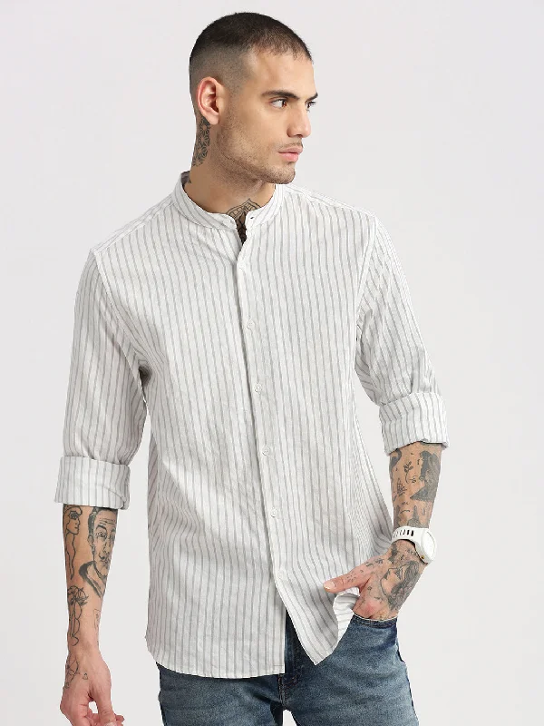 Men's Retro - Style Hawaiian Print Casual Shirts in Bold Patterns for a Tropical VacationMen Mandarin Collar Vertical Stripes White Casual Shirt Men's Retro - Style Hawaiian Print Casual Shirts in Bold Patterns for a Tropical VacationMen Mandarin Collar Vertical Stripes White Casual Shirt
