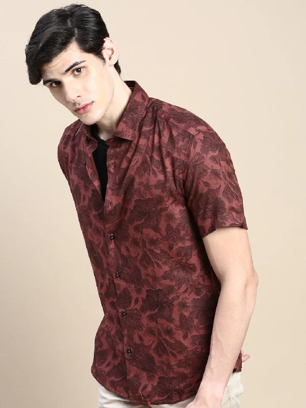 Men's Short - Sleeve Linen Casual Shirts in Light Khaki for a Breathable Summer OptionMen Rust Floral Casual Shirt Men's Short - Sleeve Linen Casual Shirts in Light Khaki for a Breathable Summer OptionMen Rust Floral Casual Shirt