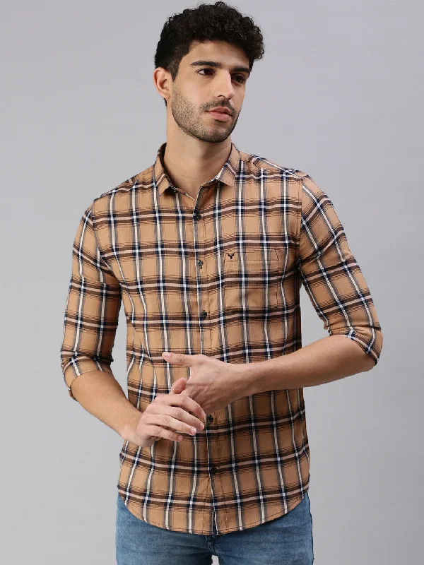 Men's Moisture - Wicking Performance Fabric Casual Shirts for Outdoor ActivitiesMen Tan Checked Casual Shirt Men's Moisture - Wicking Performance Fabric Casual Shirts for Outdoor ActivitiesMen Tan Checked Casual Shirt