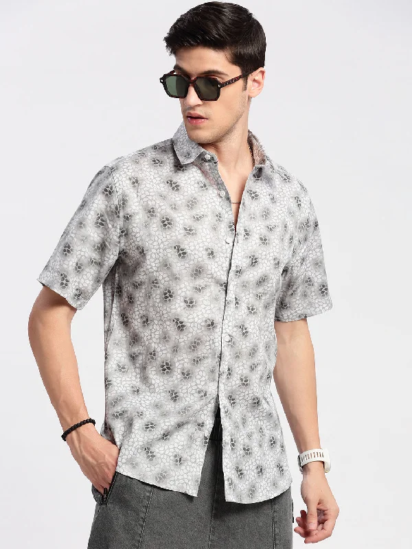 Men's Moisture - Wicking Performance Fabric Casual Shirts for Outdoor ActivitiesMen Spread Collar Floral Grey Casual Shirt Men's Moisture - Wicking Performance Fabric Casual Shirts for Outdoor ActivitiesMen Spread Collar Floral Grey Casual Shirt