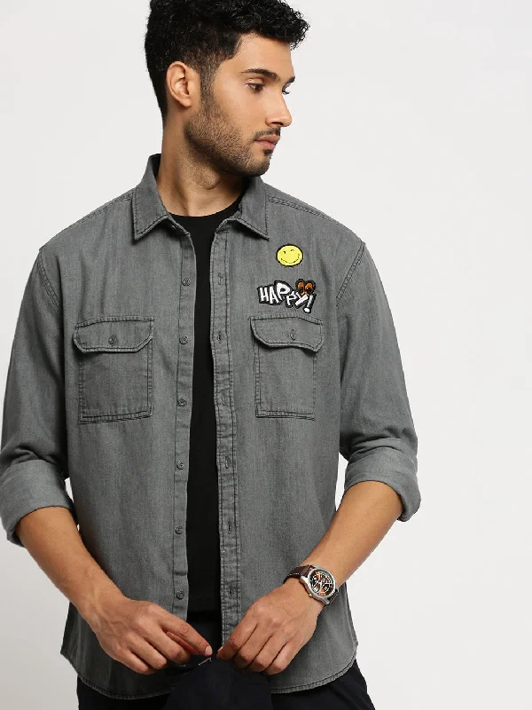 Men's Embroidered Detail Casual Shirts in Beige for a Touch of EleganceMen Grey Spread Collar Solid Oversized Shirt Men's Embroidered Detail Casual Shirts in Beige for a Touch of EleganceMen Grey Spread Collar Solid Oversized Shirt