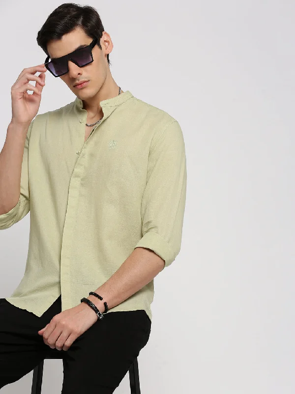 Men's Embroidered Detail Casual Shirts in Beige for a Touch of EleganceMen Sea Green Mandarin Collar Solid Shirt Men's Embroidered Detail Casual Shirts in Beige for a Touch of EleganceMen Sea Green Mandarin Collar Solid Shirt