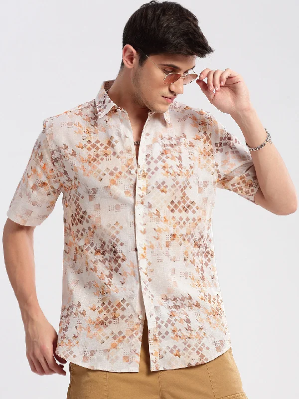 Plus Size Men's Plaid Flannel Casual Shirts in Earth Tones for a Cozy Fall OutfitMen Spread Collar Geometric Peach Casual Shirt Plus Size Men's Plaid Flannel Casual Shirts in Earth Tones for a Cozy Fall OutfitMen Spread Collar Geometric Peach Casual Shirt