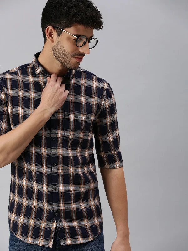 Men's Linen Blend Casual Shirts with Roll - Up Sleeves for a Summer Beach LookMen Navy Blue Checked Casual Shirt Men's Linen Blend Casual Shirts with Roll - Up Sleeves for a Summer Beach LookMen Navy Blue Checked Casual Shirt