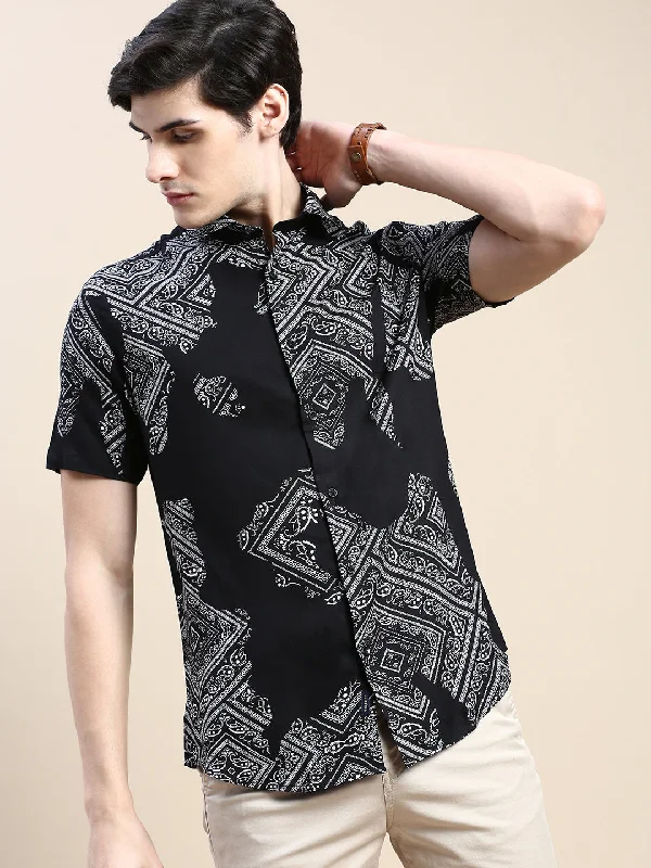 Men's Linen Blend Casual Shirts with Roll - Up Sleeves for a Summer Beach LookMen Black Printed Casual Shirt Men's Linen Blend Casual Shirts with Roll - Up Sleeves for a Summer Beach LookMen Black Printed Casual Shirt