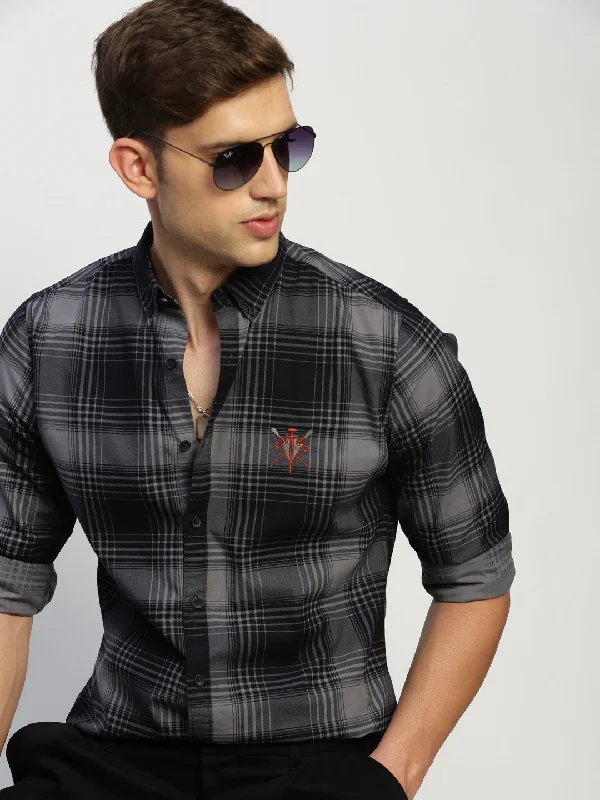 Men's Embroidered Detail Casual Shirts in Beige for a Touch of EleganceMen Navy Checked Shirt Men's Embroidered Detail Casual Shirts in Beige for a Touch of EleganceMen Navy Checked Shirt