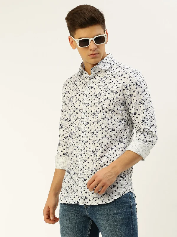 Plus Size Men's Striped Chambray Casual Shirts with a Spread Collar for a Preppy AppearanceMen White Printed Casual Shirt Plus Size Men's Striped Chambray Casual Shirts with a Spread Collar for a Preppy AppearanceMen White Printed Casual Shirt