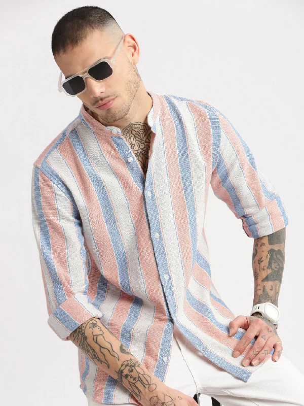 Men's Button - Down Oxford Casual Shirts in Crisp White for a Classic and Versatile StyleMen Mandarin Collar Vertical Stripes Peach Casual Shirt Men's Button - Down Oxford Casual Shirts in Crisp White for a Classic and Versatile StyleMen Mandarin Collar Vertical Stripes Peach Casual Shirt