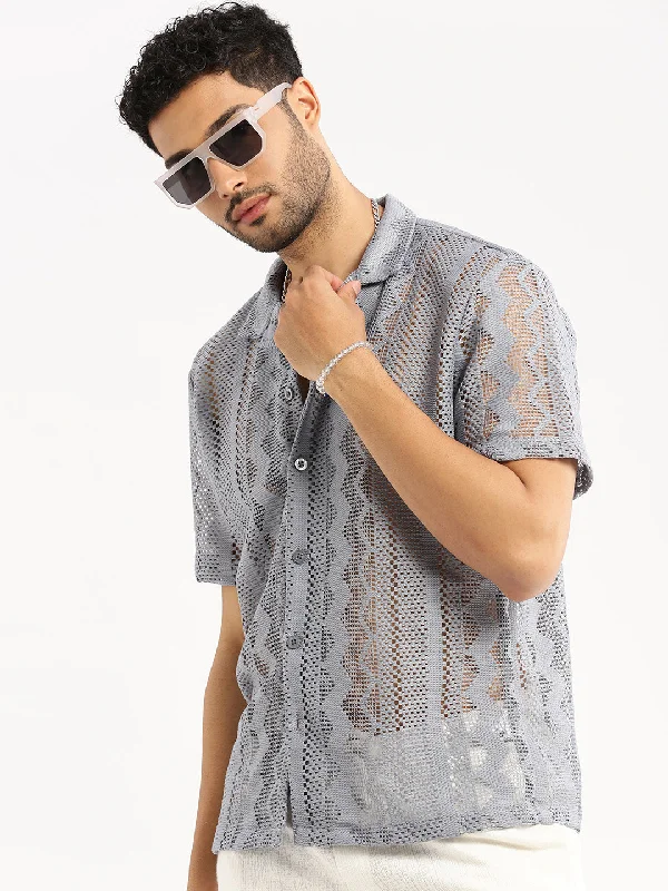 Men's Slim - Fit Printed Floral Casual Shirts in Pastel Colors for a Spring - Inspired VibeMen Grey Cuban Collar Solid Crochet Shirt Men's Slim - Fit Printed Floral Casual Shirts in Pastel Colors for a Spring - Inspired VibeMen Grey Cuban Collar Solid Crochet Shirt