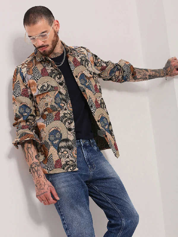 Plus Size Men's Striped Chambray Casual Shirts with a Spread Collar for a Preppy AppearanceMen Beige Graphic Shacket Plus Size Men's Striped Chambray Casual Shirts with a Spread Collar for a Preppy AppearanceMen Beige Graphic Shacket